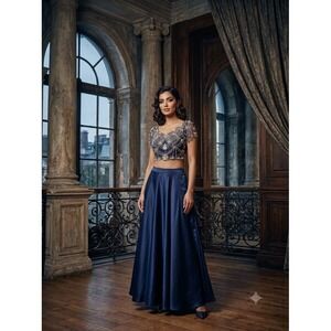 Royal Queen Collection Rhinestone Beaded Evening Bodice Navy Blue Crop Top NWT